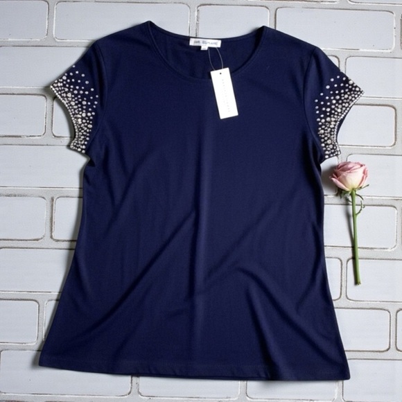 Annalee + Hope NWT Deep Blue Blouse Top Embellished Short Sleeves Holiday Large - Picture 2 of 8
